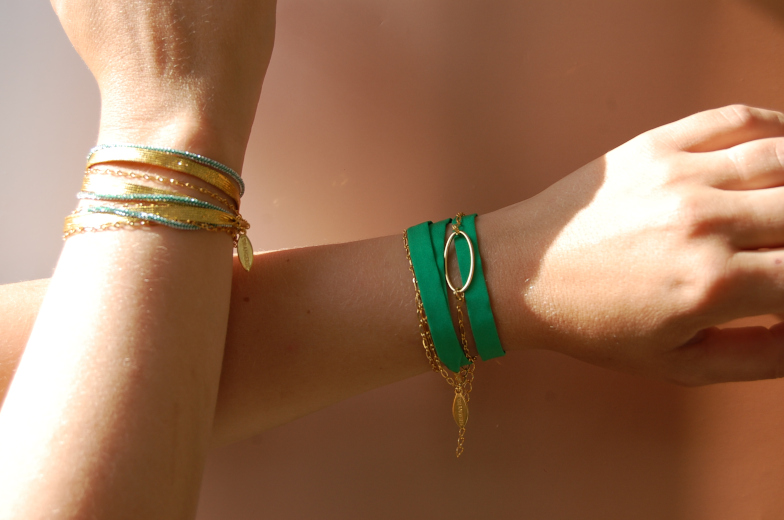 Bracelet soie Toma vert modulable made in France L’Orangerie Bijoux